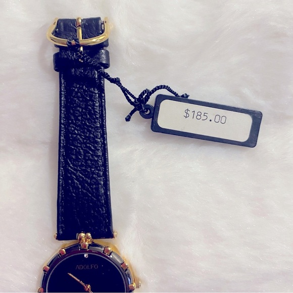 NWT ADOLFO Genuine Leather Quartz Analog Women\'s Watch In Black/Gold Hardware main image 4